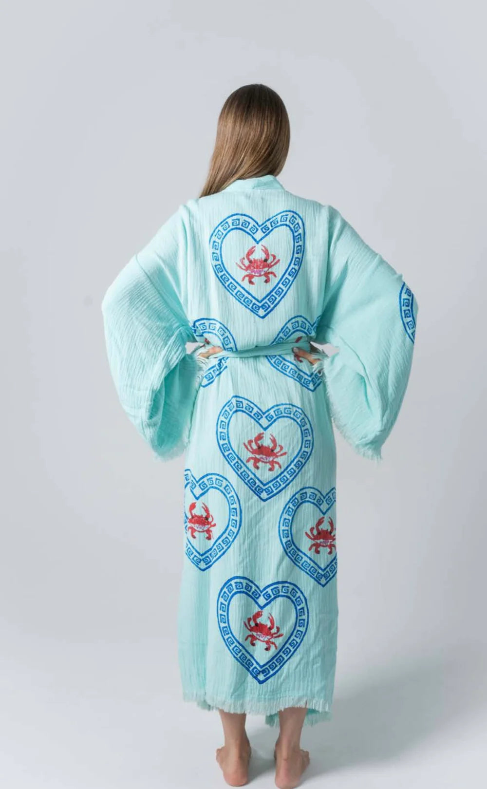 Long Caribbean Blue Robe ~ Crab Hand Pressed Motif