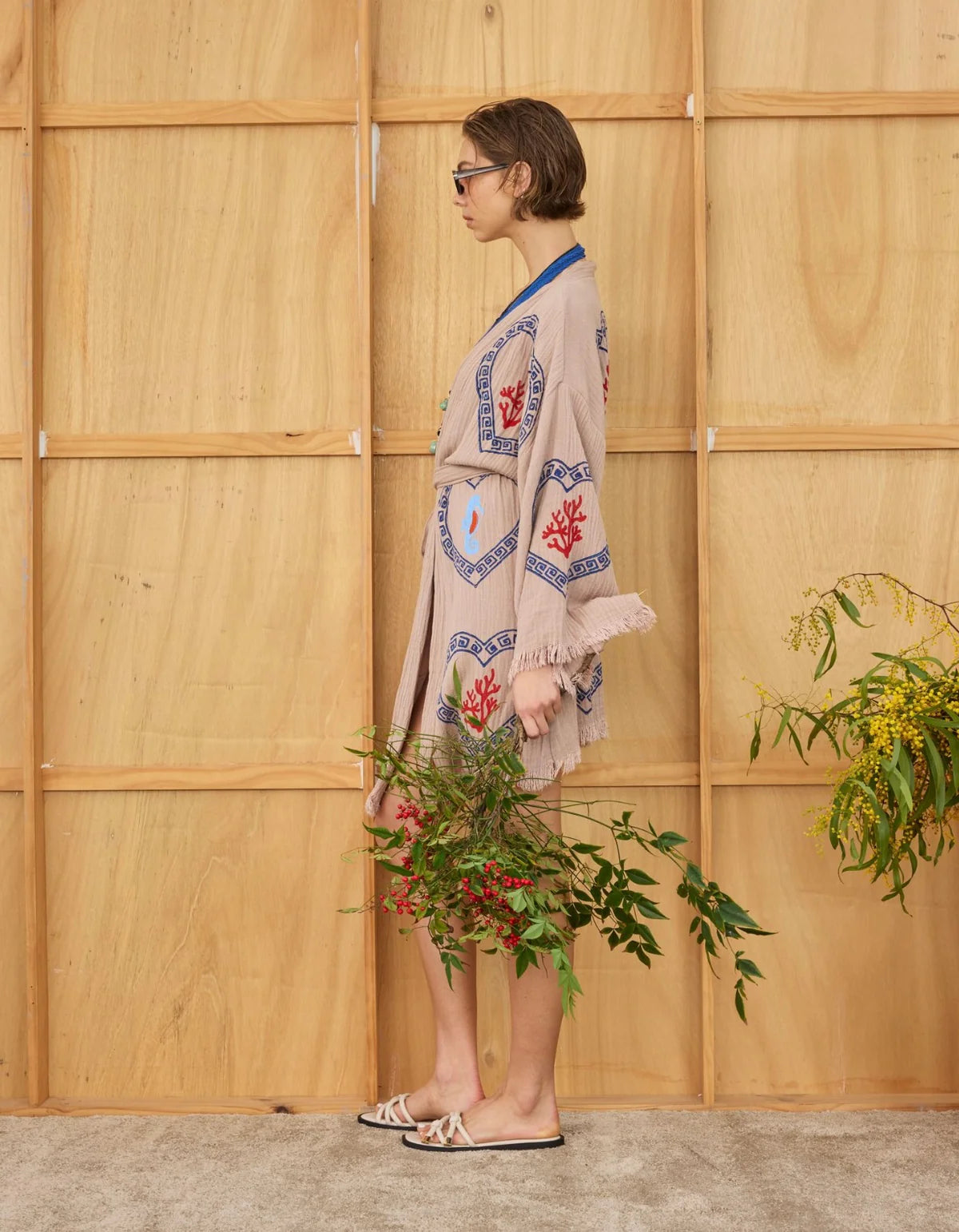 Midi Tan Coral Seahorse Robe ~ Hand Pressed Motif