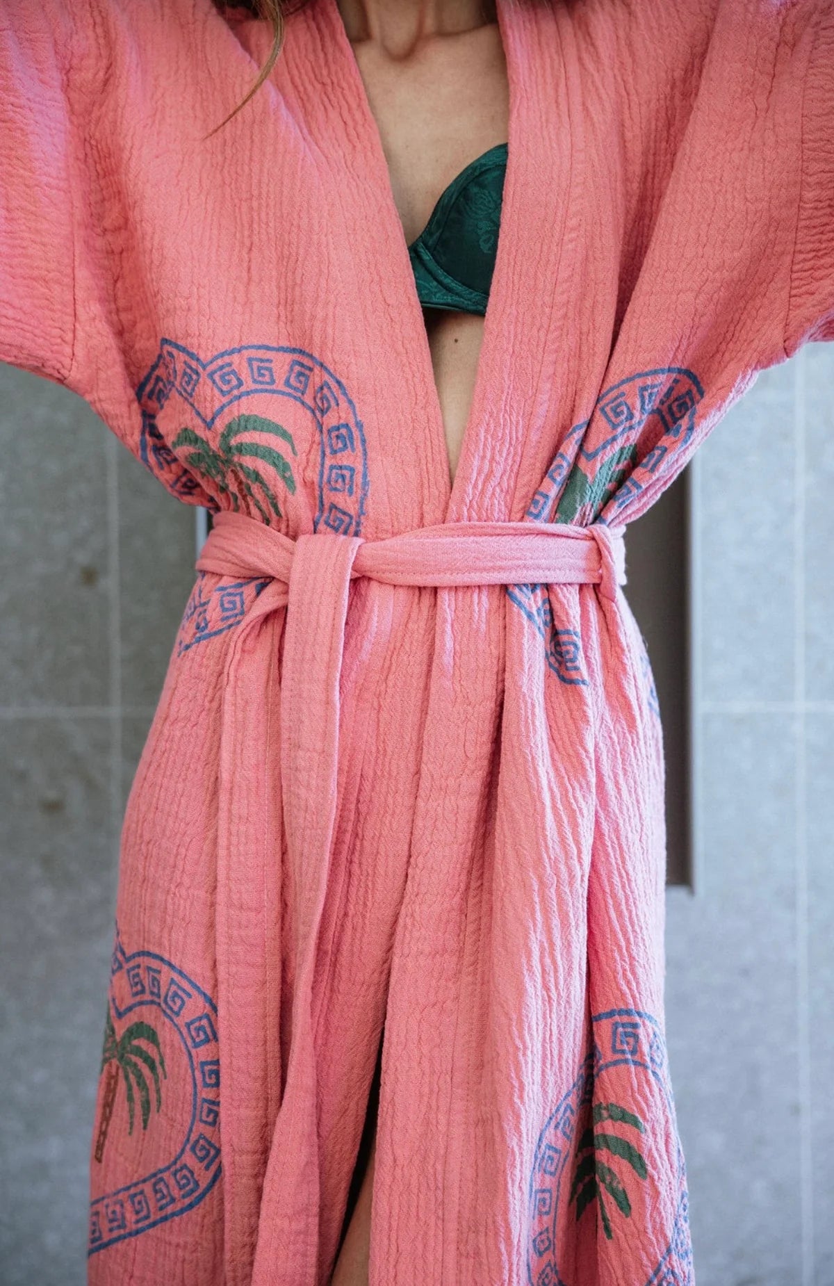Long Watermelon Robe ~ Palm Tree Hand Pressed Motif