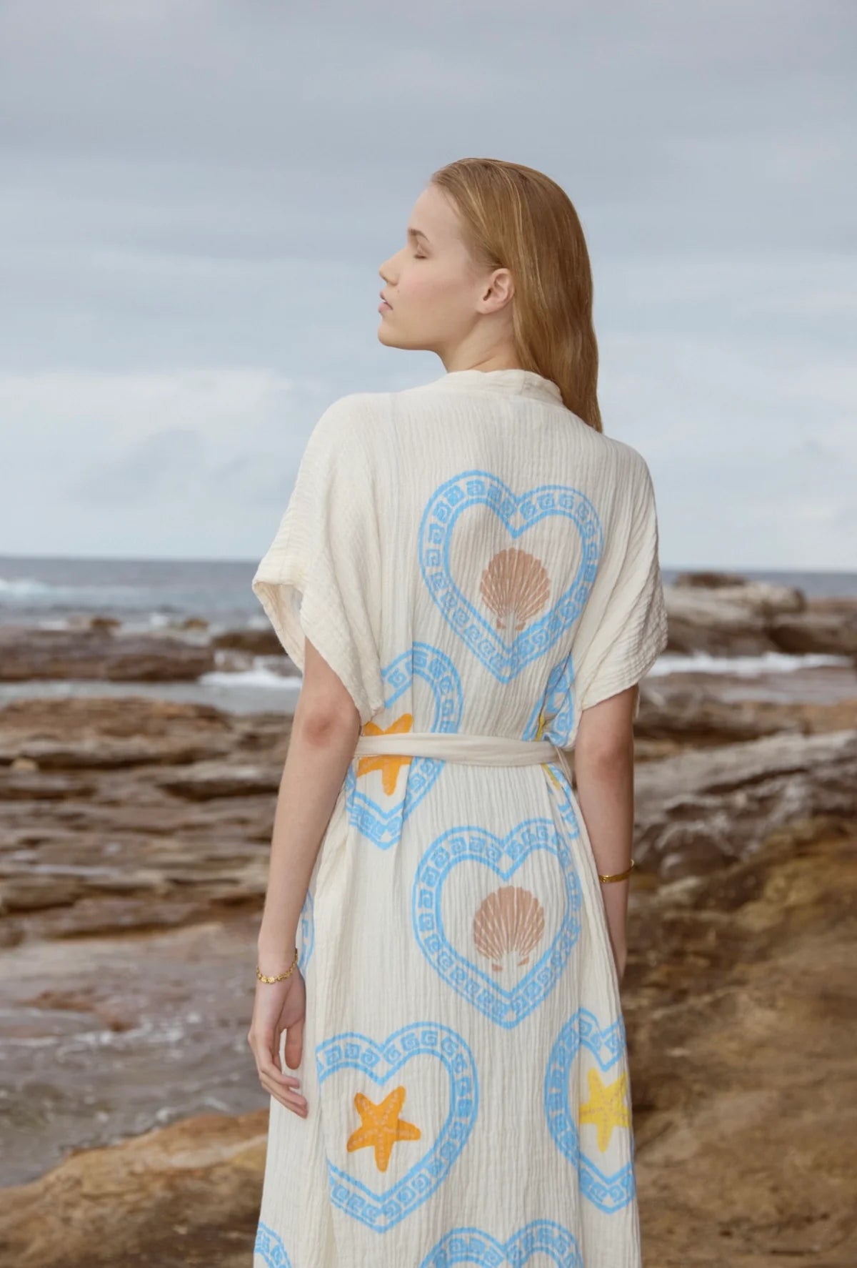 Natural Long Robe Short Sleeve ~ Shell + Sea Star Hand Pressed Motif