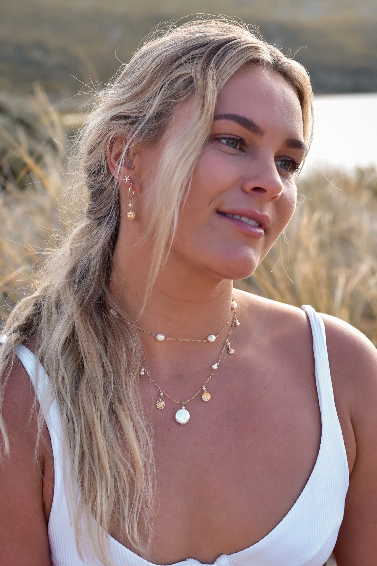 Round Pearl Sun and Shell Necklace Gold Fill
