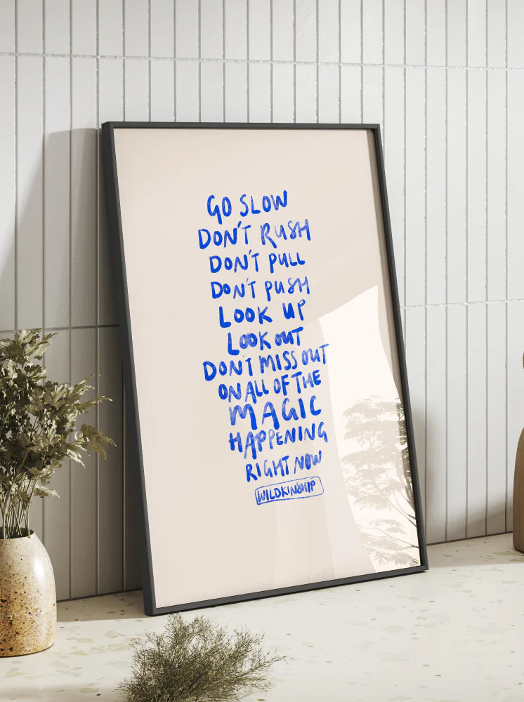 'Go Slow' 2nd Edition Print Cobalt on Peach A4