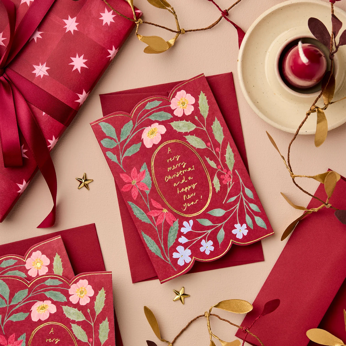 Red Flora Merry Christmas Card