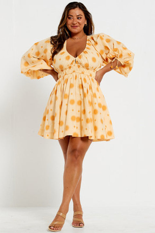 V Neck Elastic Wasit Mini Dress Sun Stars