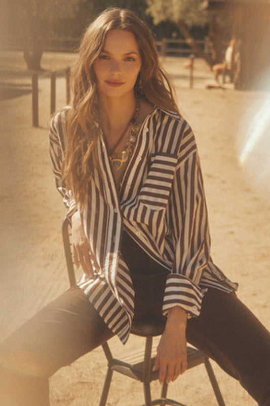 Classic Button Down Shirt Brown Stripe