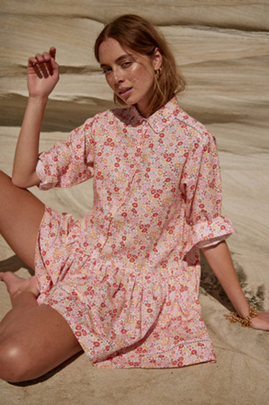 Polo Mini Long Sleeve Dress Pink FLoral