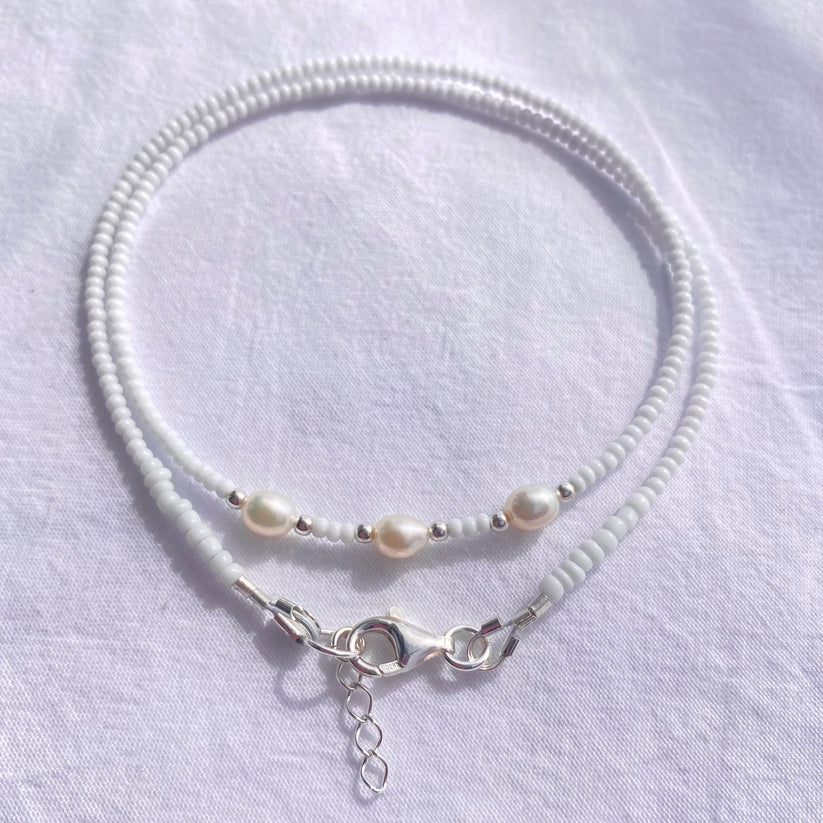 White Glass Bead Necklace Freshwater Pearl