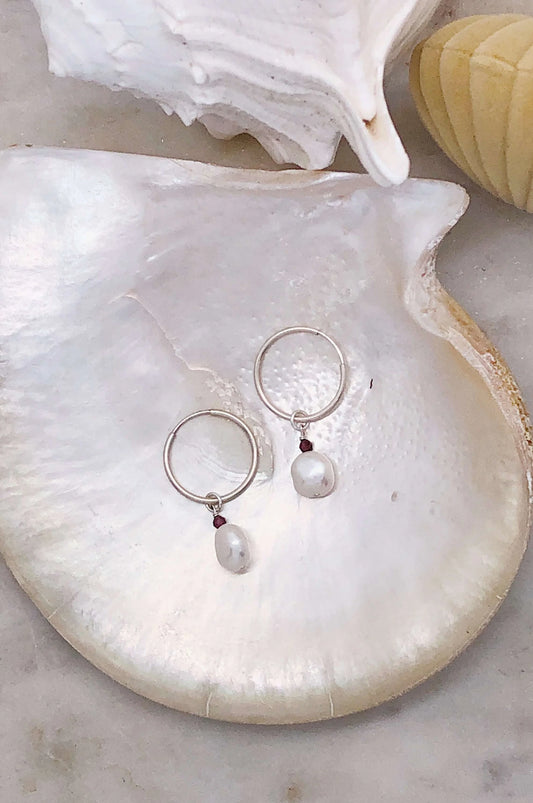 Sterling Silver Pearl and Gem Hoops