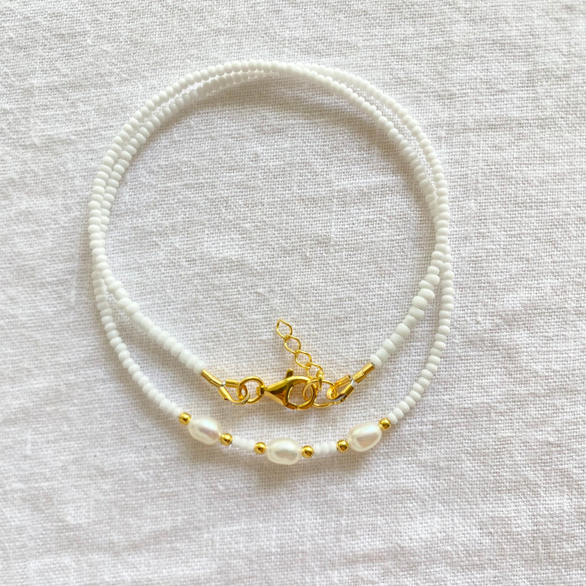 White Glass Bead Necklace Freshwater Pearl