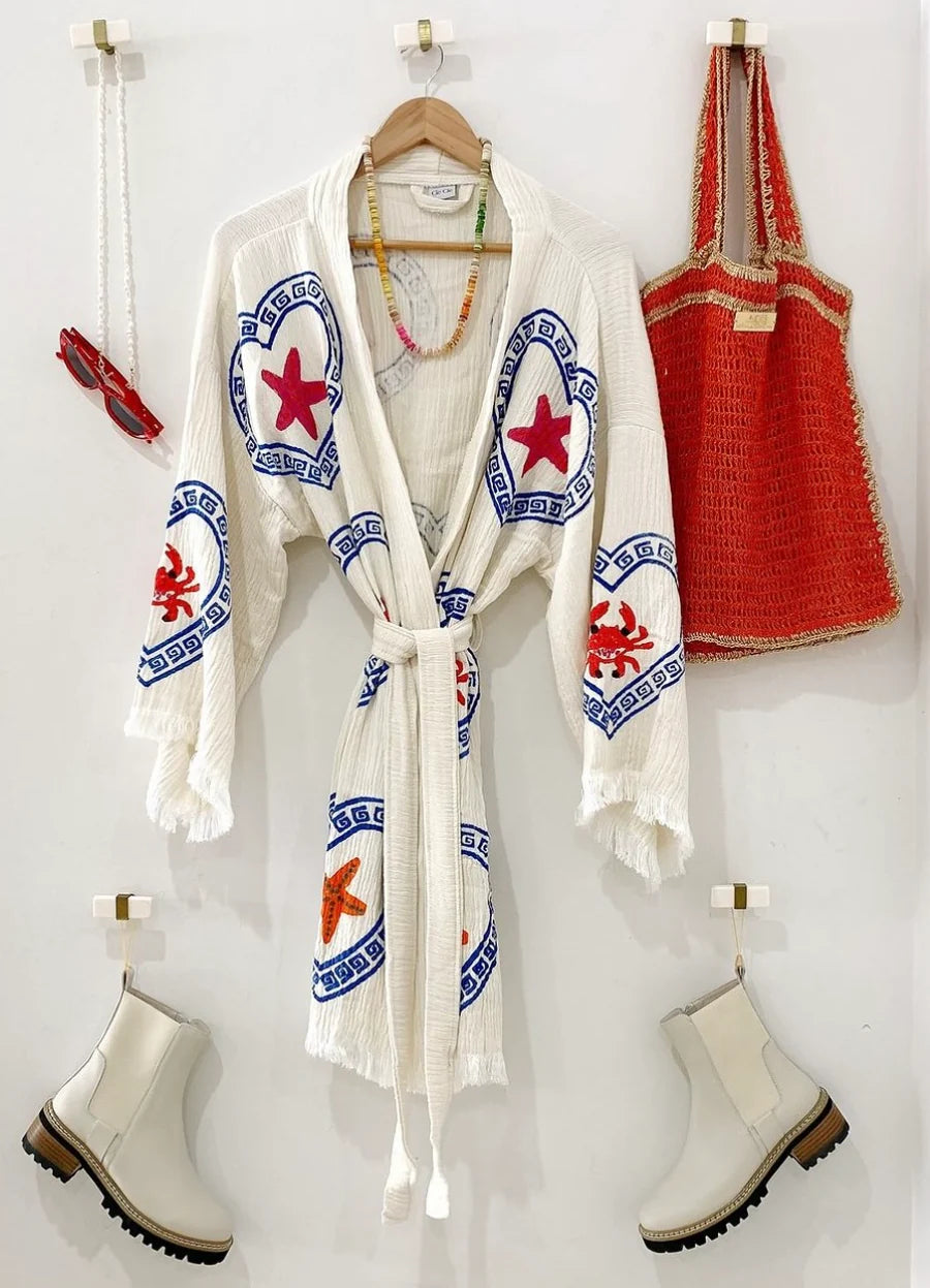 Midi Natural Robe ~ Crab/Sea Star Hand Pressed Motif