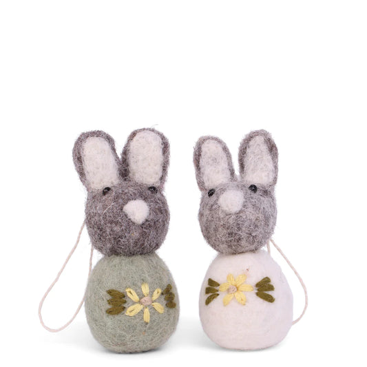 Grey Bunny Set Flower Green 2pk