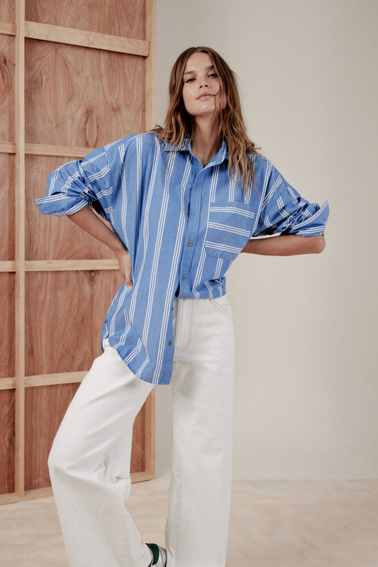 Oversized Poplin Shirt Classic Blue and White