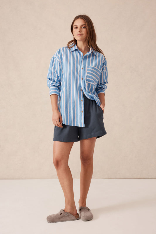 Oversized Poplin Shirt Blue White Red Stripe ~ Organic Cotton