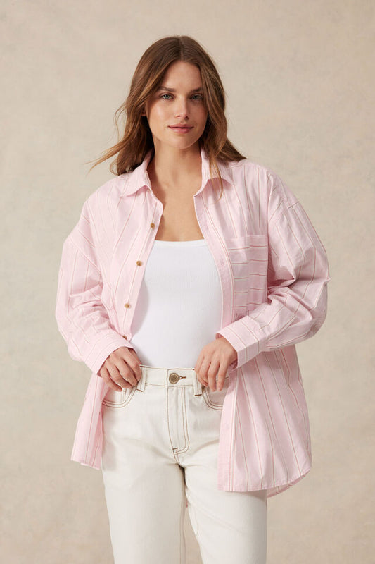 Oversized Poplin Shirt Pink White Red Stripe