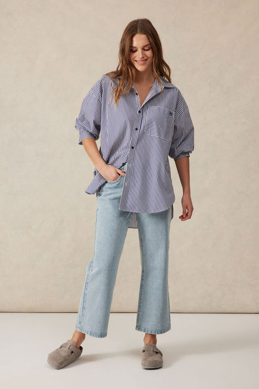 Oversized Poplin Shirt College Blue White Stripe