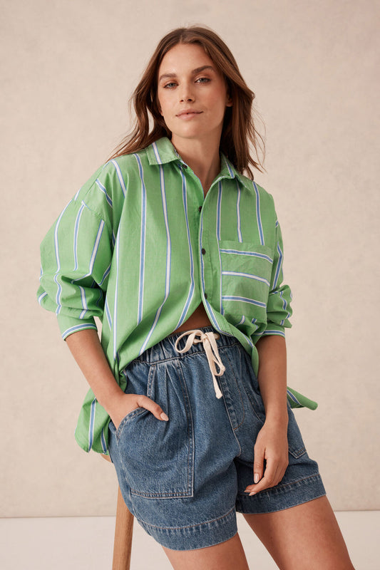 Oversized Shirt Grass Green and Oxford Blue Stripe