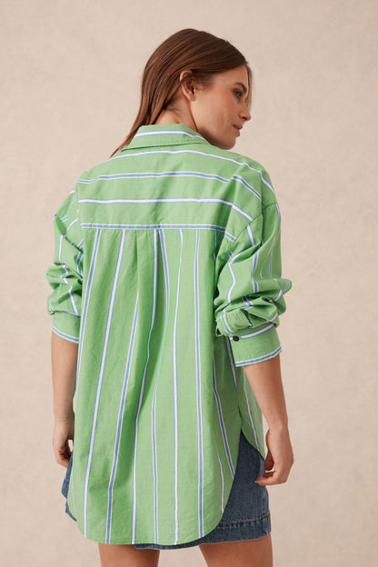 Oversized Shirt Grass Green and Oxford Blue Stripe