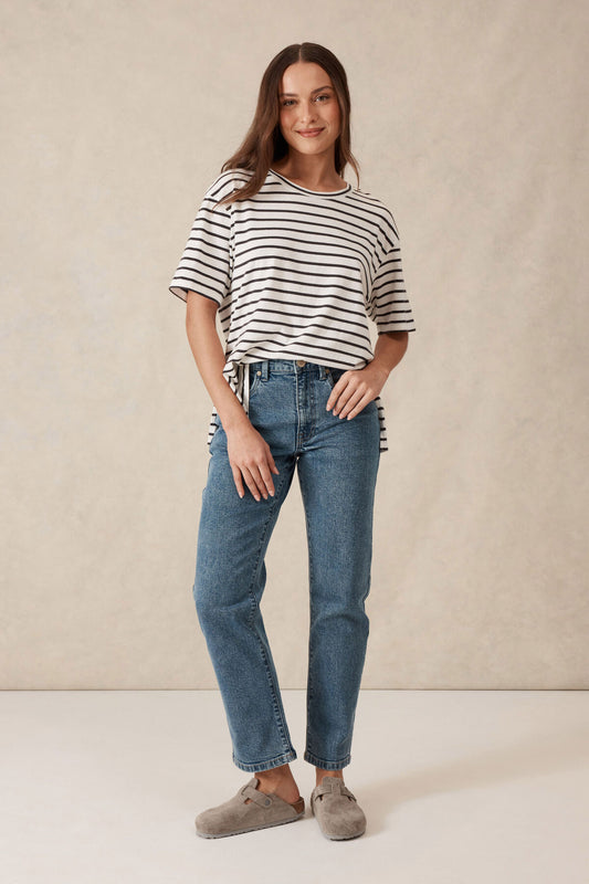 Slouchy Split Hem Tee Phantom Vanilla Stripe