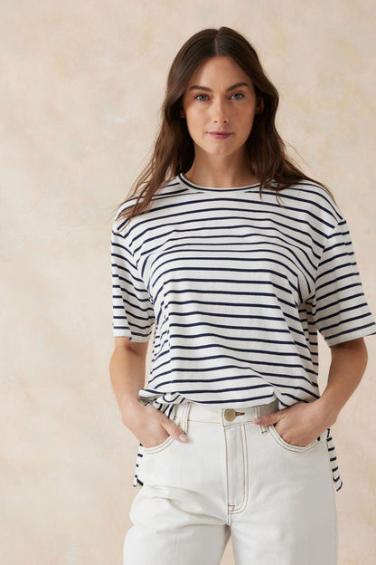 Slouchy Split Hem Tee Vanilla Navy Stripe