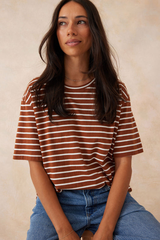 Slouchy Split Hem Tee Tobacco Vanilla Stripe