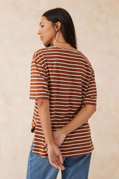 Slouchy Split Hem Tee Tobacco Vanilla Stripe