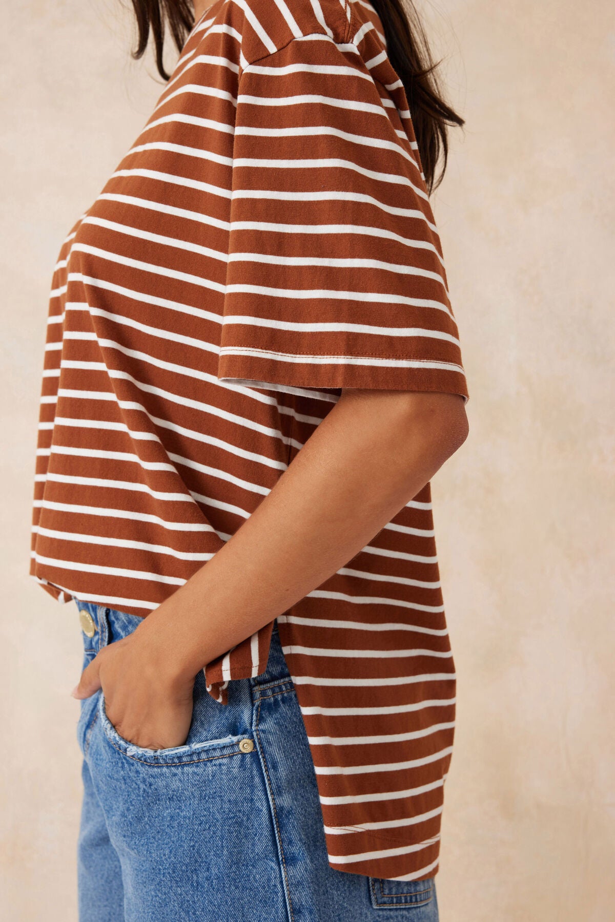Slouchy Split Hem Tee Tobacco Vanilla Stripe