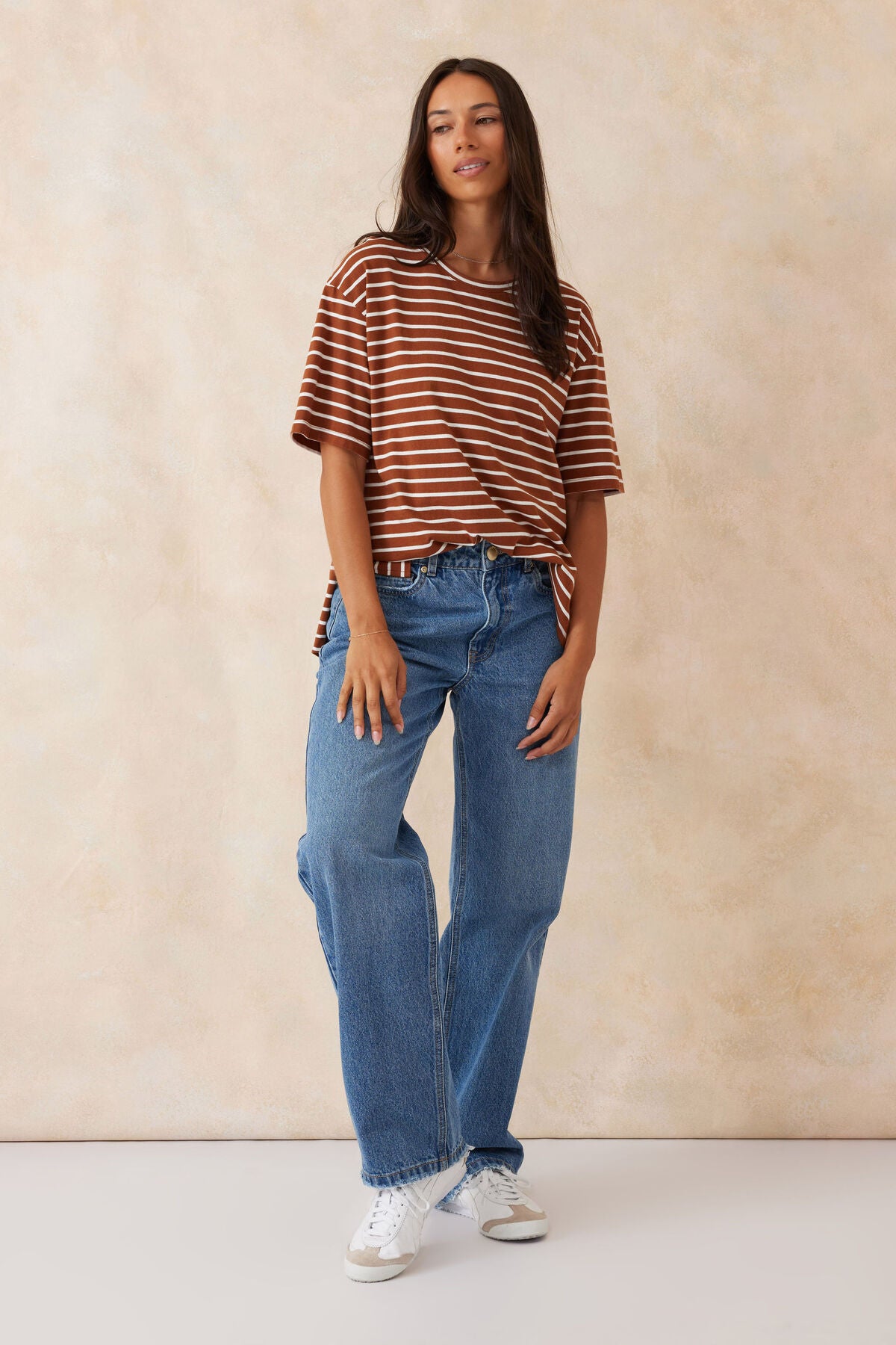 Slouchy Split Hem Tee Tobacco Vanilla Stripe