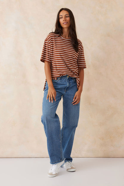 Slouchy Split Hem Tee Tobacco Vanilla Stripe