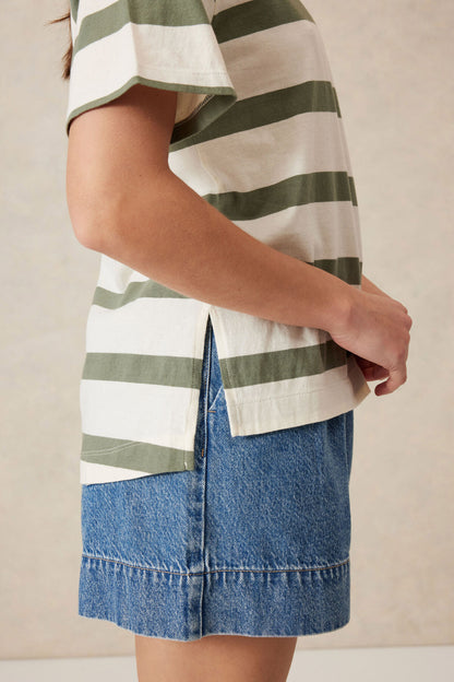 Slouchy Split Hem Tee Moss Stripe