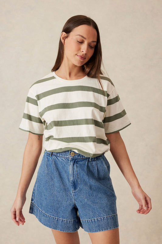 Slouchy Split Hem Tee Moss Stripe
