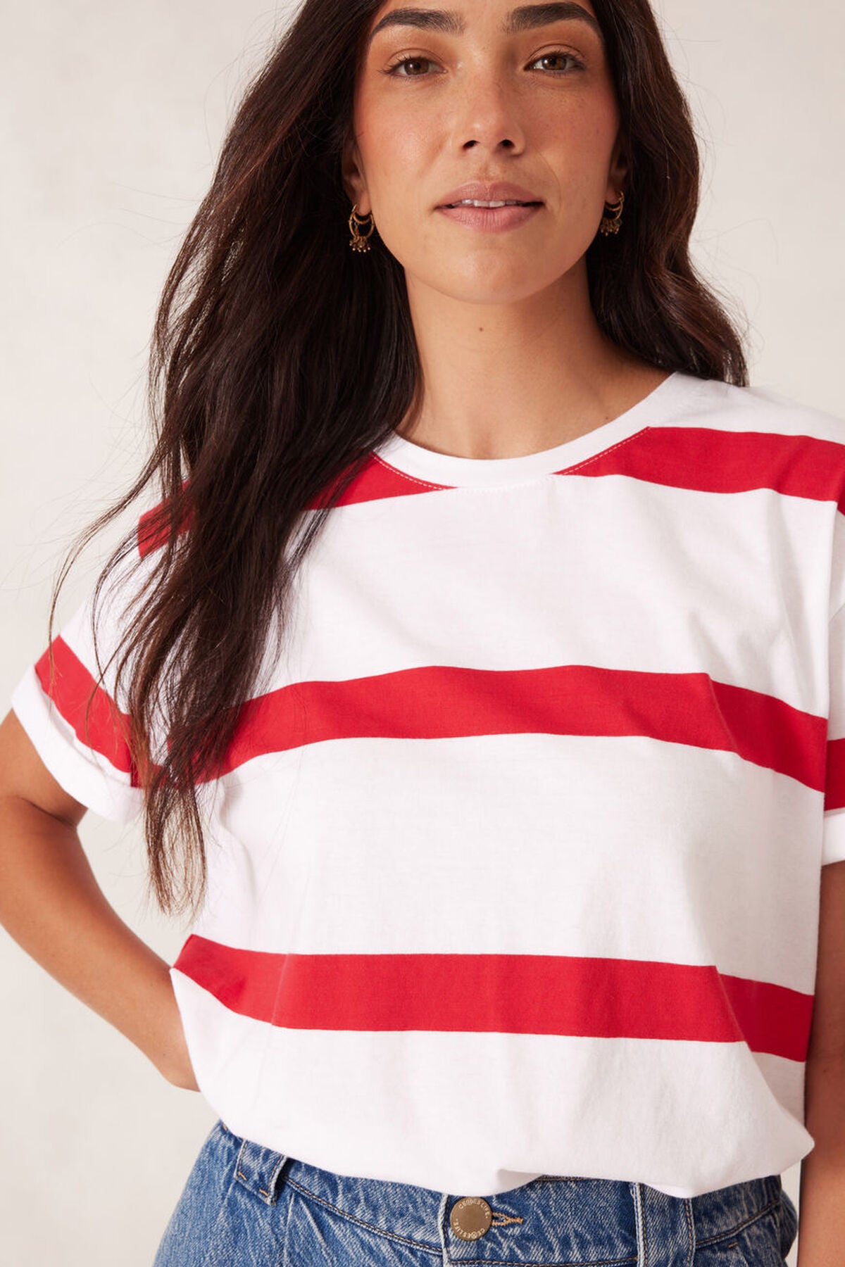 Slouchy Split Hem Tee Heritage Red Stripe