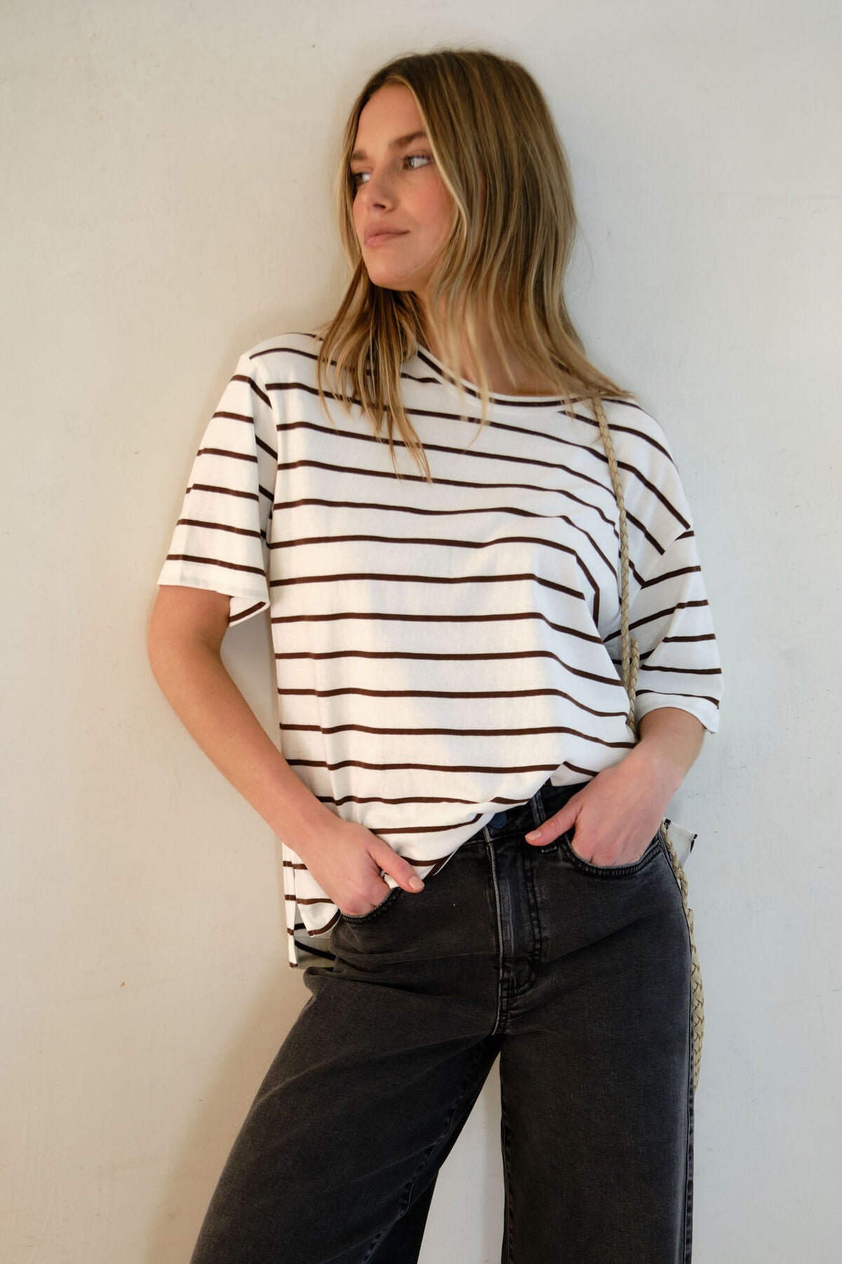 Stevie Slouchy Split Hem Tee Choc Stripe