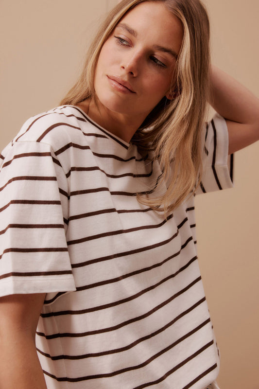 Stevie Slouchy Split Hem Tee Choc Stripe