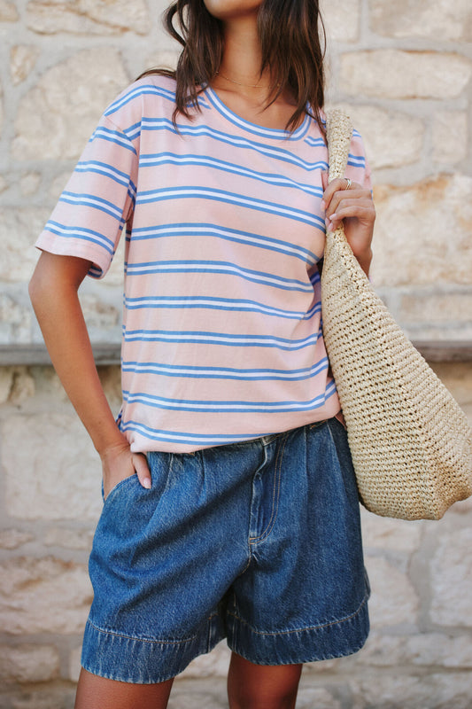 Stevie Slouchy Tee Petal/Azure Stripe