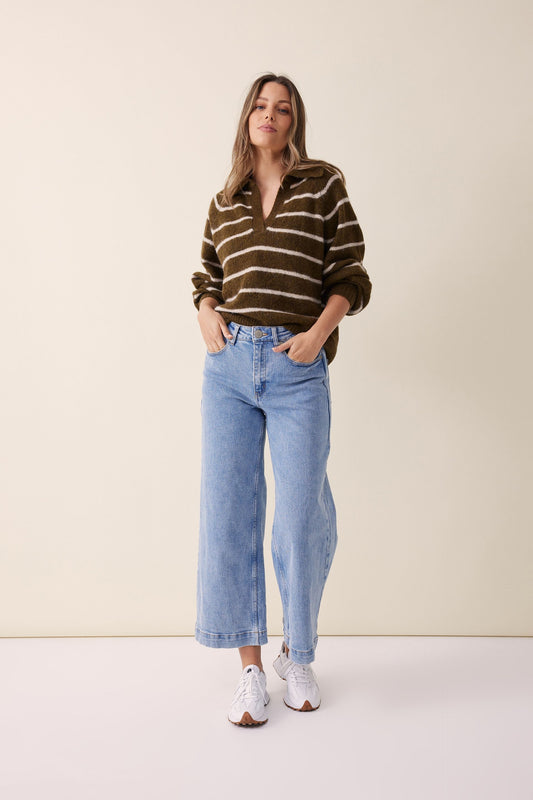 Collared Knit Alpaca Olive Birch Stripe