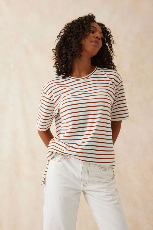 Longline Step Hem Tee - Vanilla and Tobacco Stripe