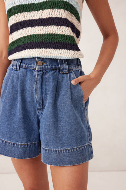 Pleat Front Short Washed Indigo