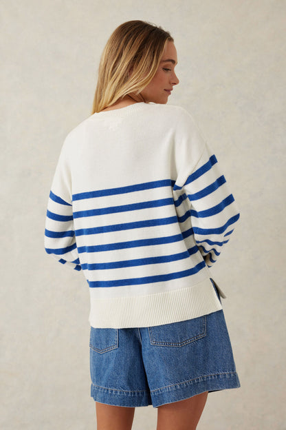 Boxy Knit with Embroidery Winter White Bright Blue Stripe