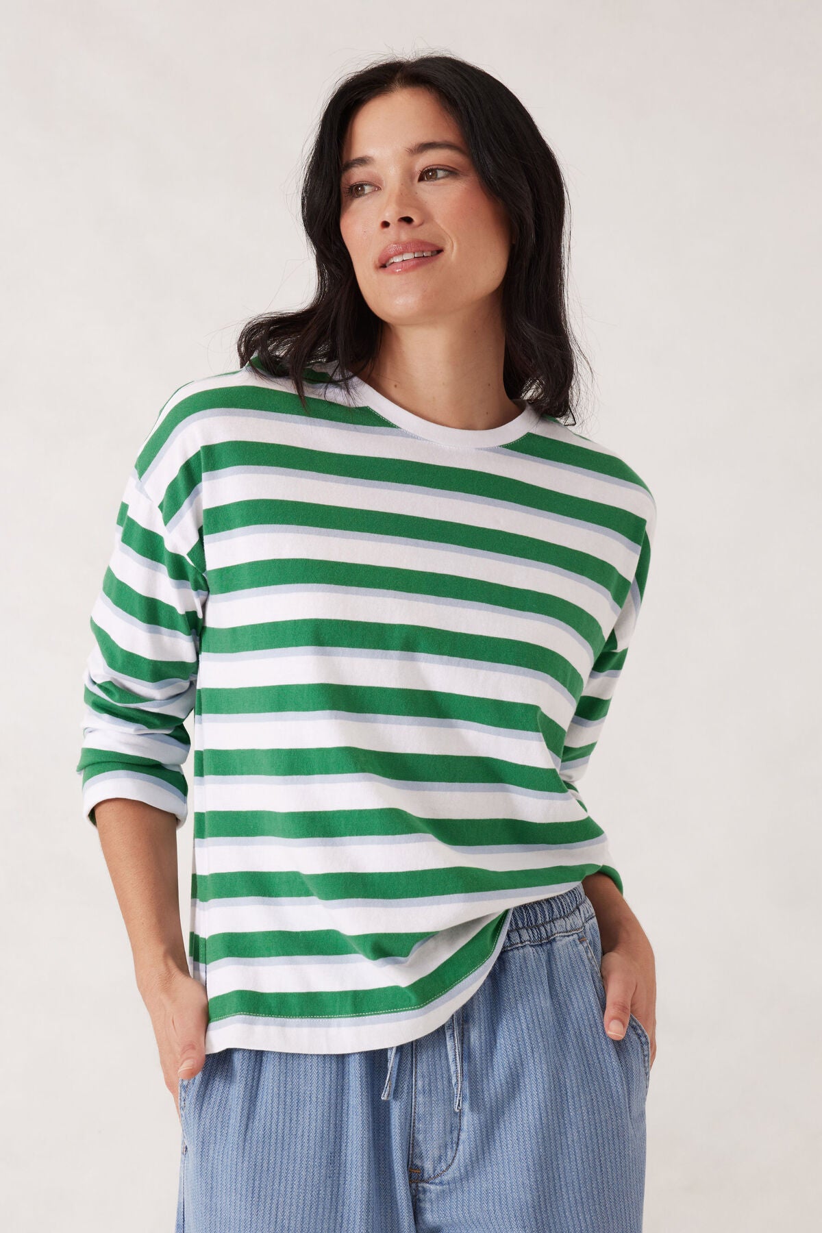 Slouchy Long Sleeve Tee Green Stripe