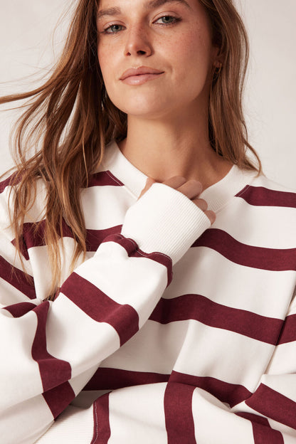 Cropped Slouchy Crew Burgundy Stripe