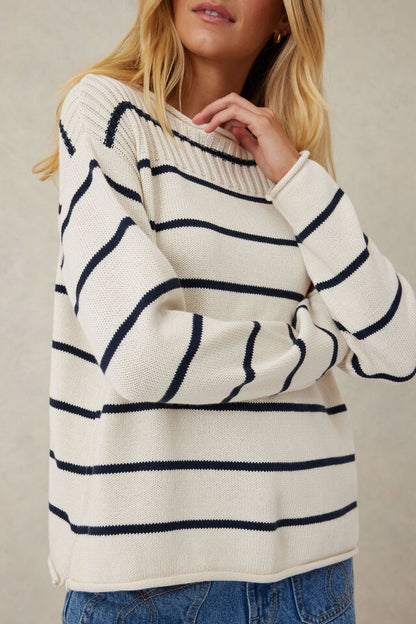 Ladder Stitch Knit Ecru Navy Stripe