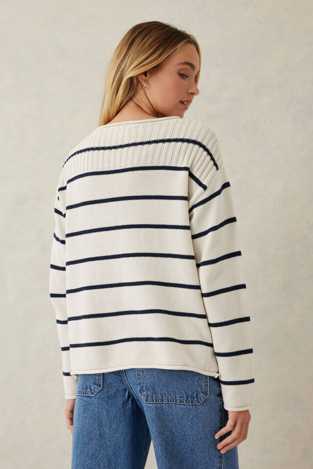 Ladder Stitch Knit Ecru Navy Stripe