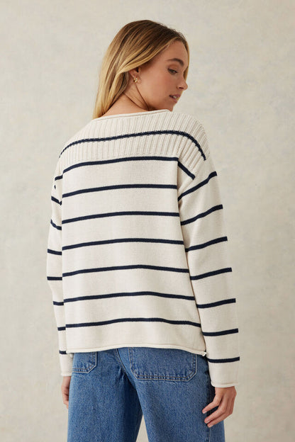Ladder Stitch Knit Ecru Navy Stripe