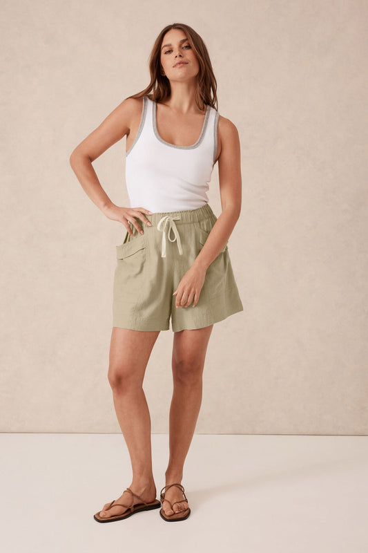 Panelled Pull On Short Olive Linen