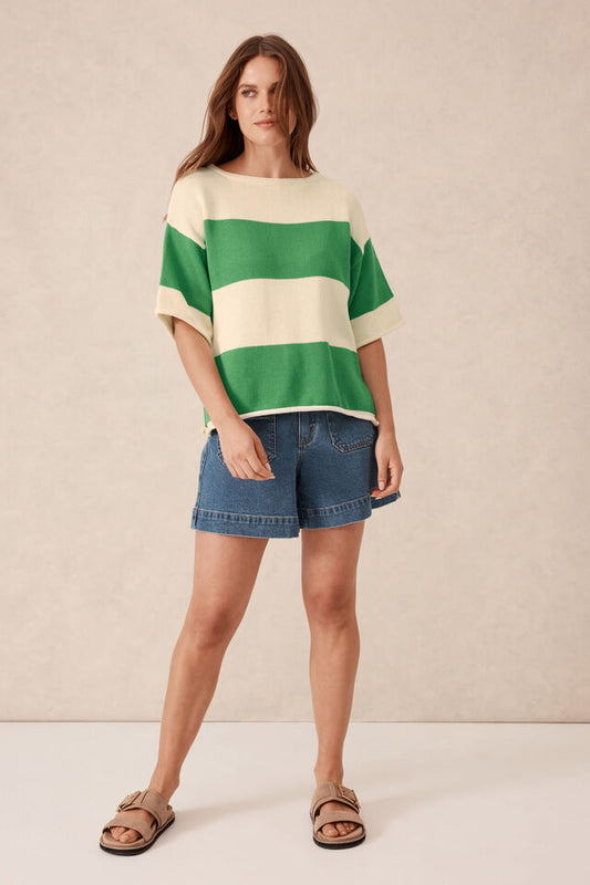 Boxy Knit Tee Grass Bold Stripe