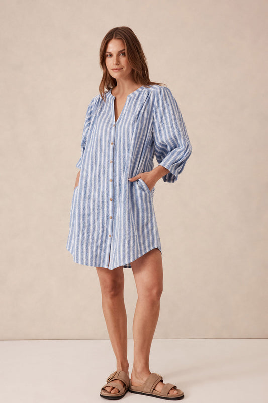 Crinkle Mini Dress Cobalt Stripe