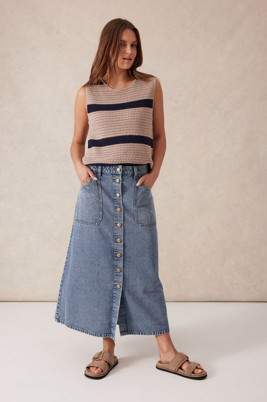 Button Through Denim Midi Skirt
