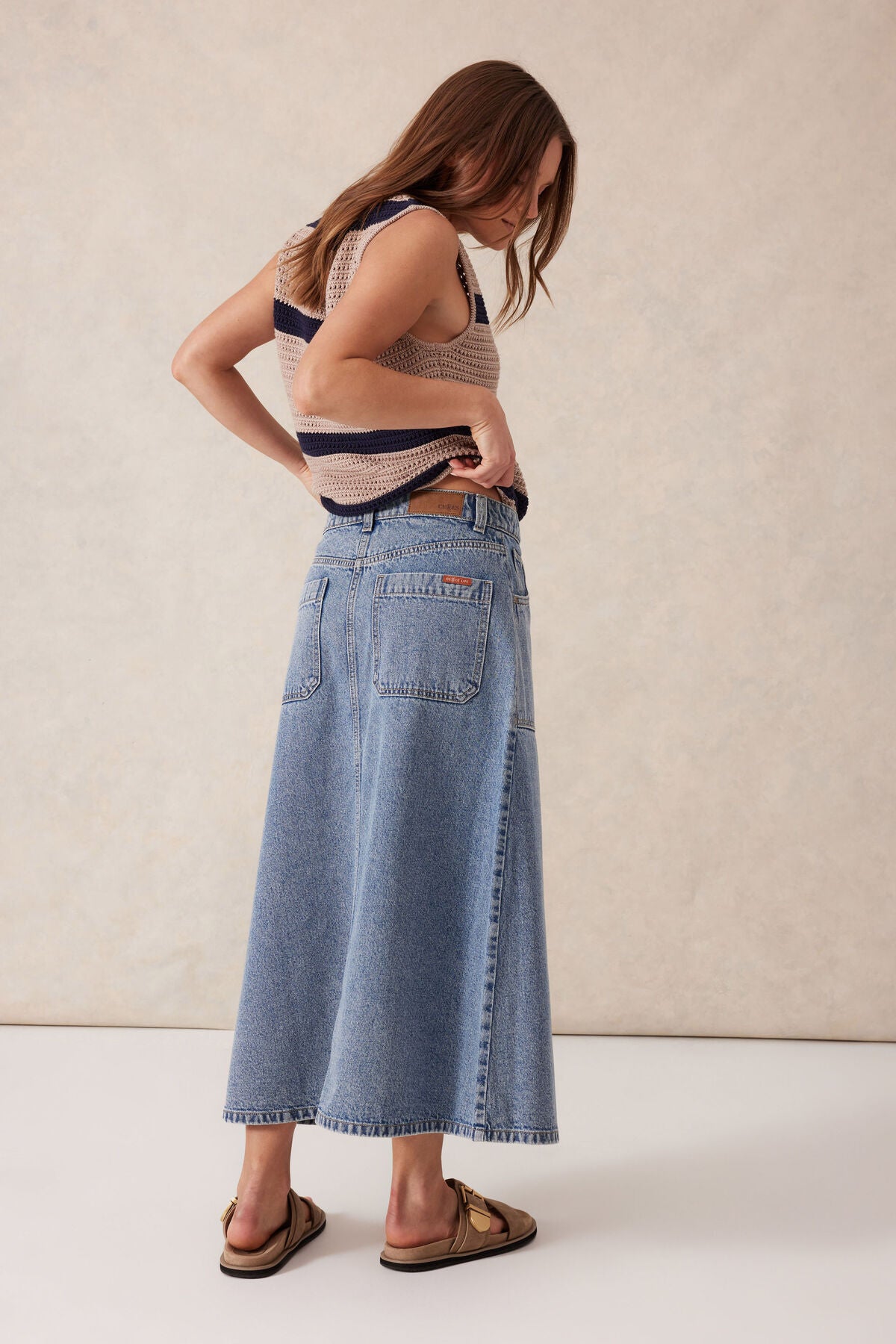 Button Through Denim Midi Skirt
