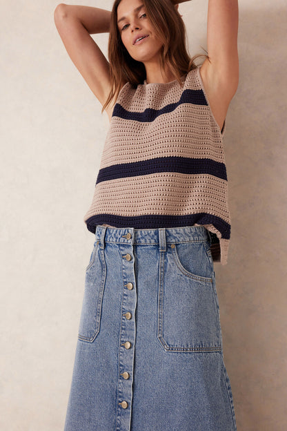 Button Through Denim Midi Skirt