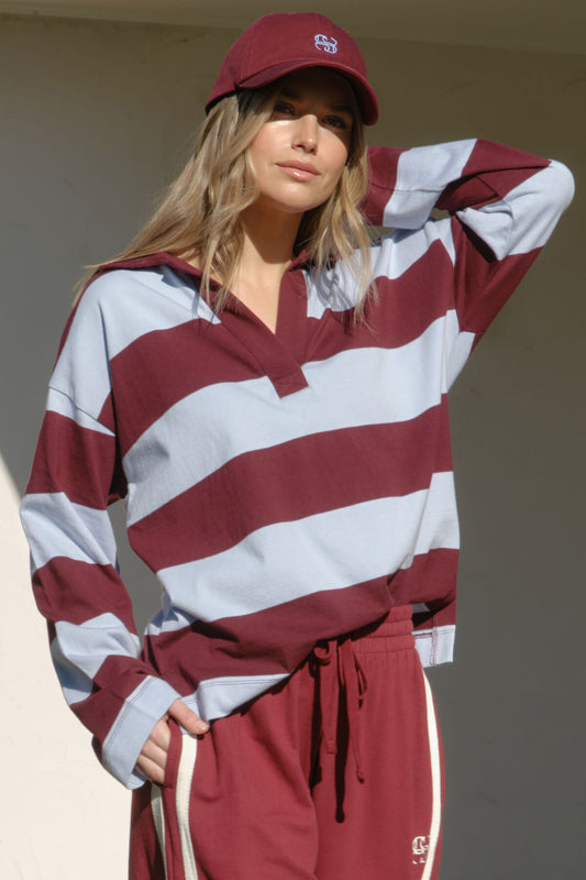Shelby Slouchy Rugby Top Chalk Blue Raisin Stripe